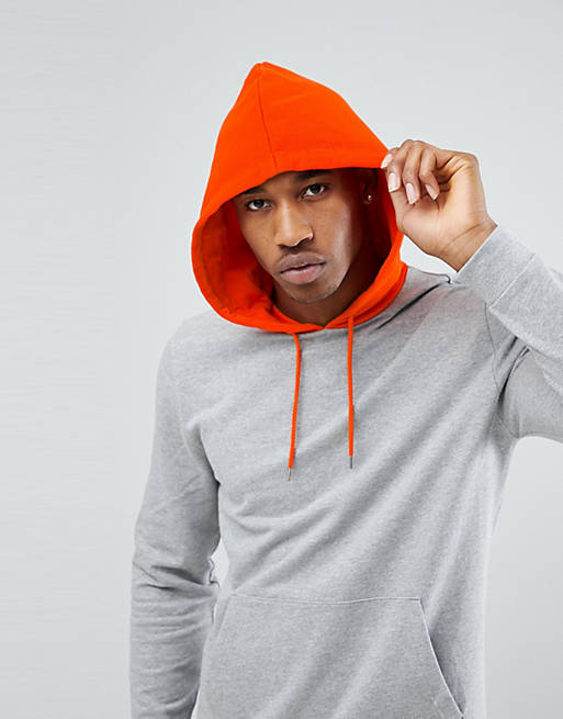 ASOS Hoodie With Contrast Hood In Gray Marl And Orange