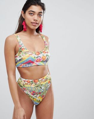 ASOS - Hoog uitgesneden bikinibroekje met hoge taille en met bloemen- en tegelprint-Multi