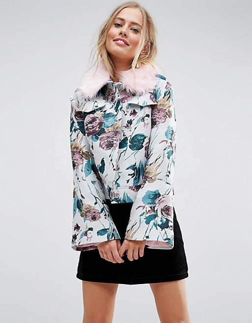 ASOS Jacket in Pretty Jacquard with Faux Fur Collar