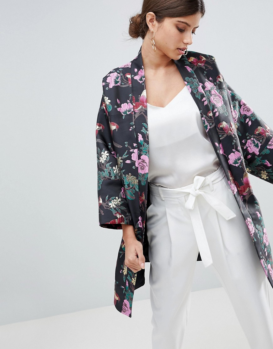 ASOS - Jacquard kimono-jasje met donkere bloemenprint-Multi