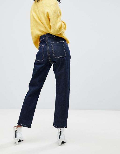 ASOS Jean droit taille haute avec fermeture clair l arri re Indigo brut