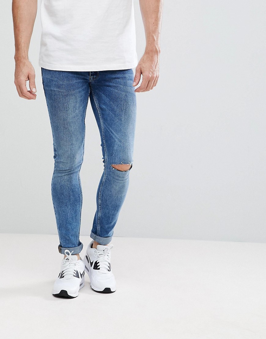 ASOS - Jeans extreme skinny lavaggio medio vintage con strappi alle ginocchia-Blu