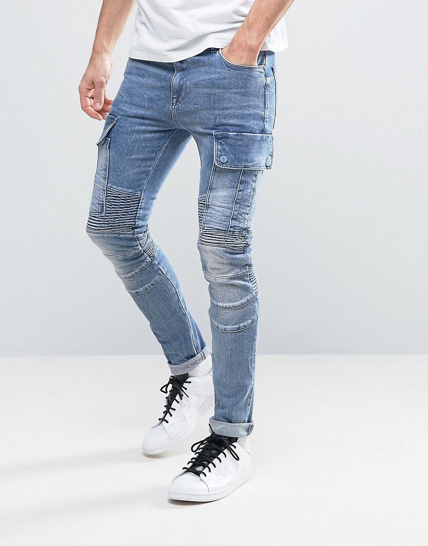 ASOS - Jeans super skinny con tasche cargo e dettagli biker blu medio