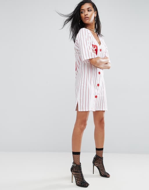 ASOS Jersey Baseball Mini Dress In Red and White Stripe