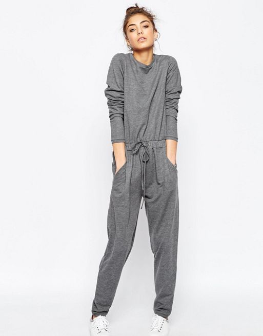 ASOS | ASOS Jersey Jumpsuit with Long Sleeves and Drawstring Waist in Sweat