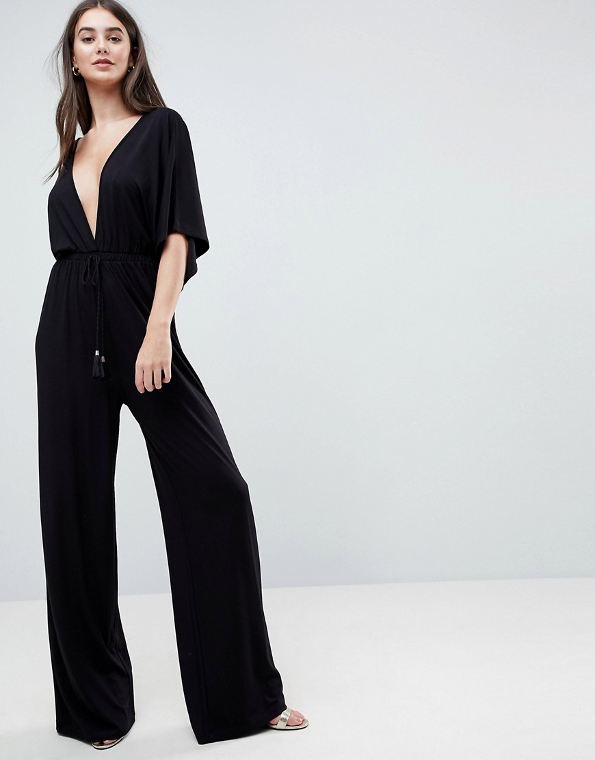 ASOS Jersey Plunge Jumpsuit with Kimono Sleeve and Rope Tie-Black