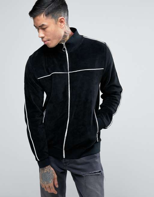 ASOS Jersey Velour Track Jacket With Piping In Black