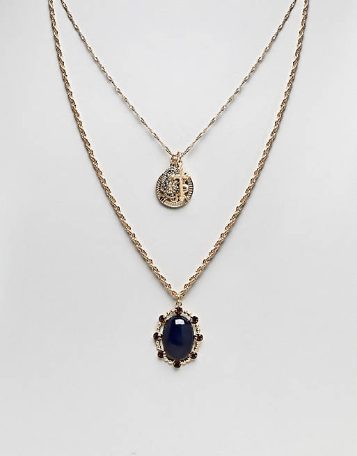 ASOS Jewel Stone and Vintage Style Pendant Multirow Necklace