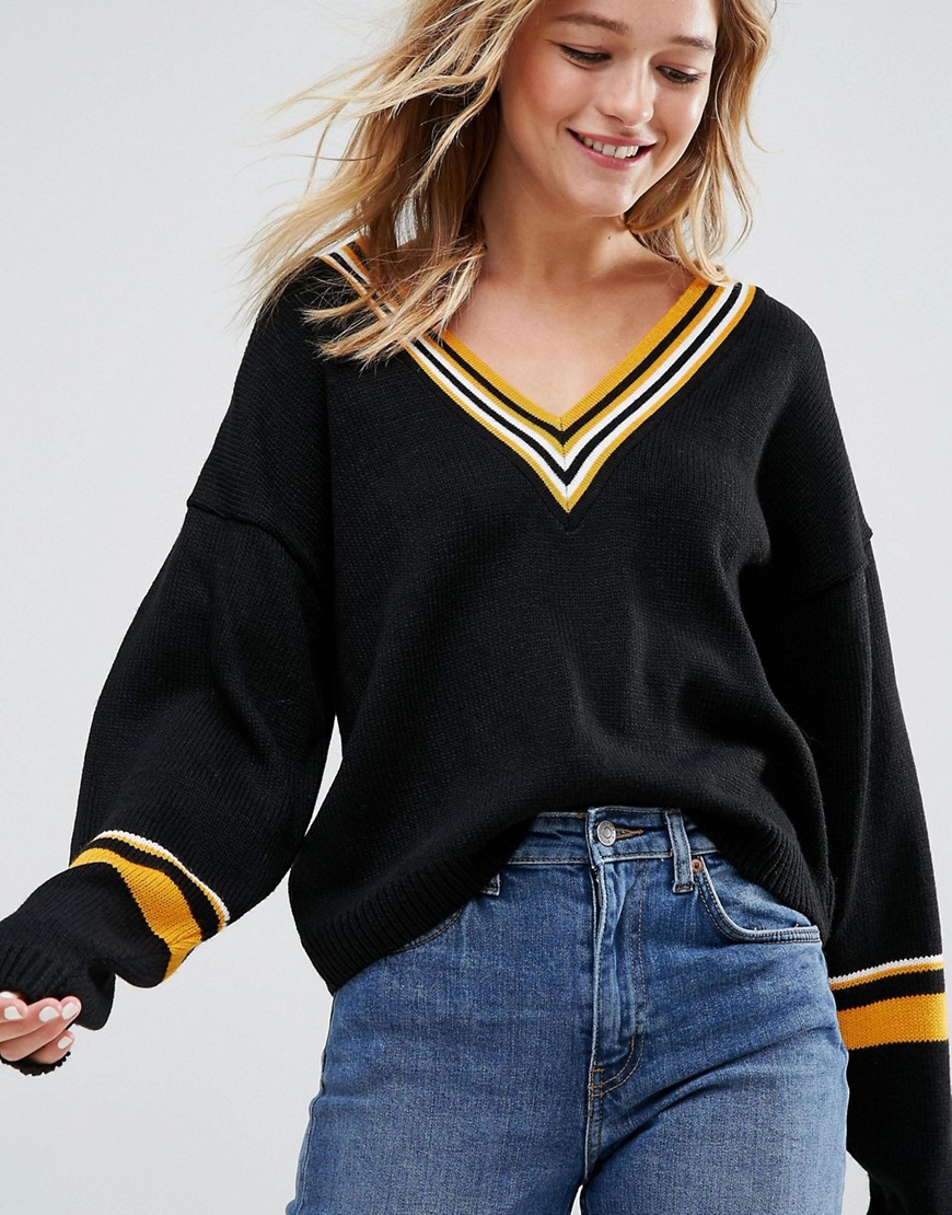ASOS Jumper With V Neck And Tipping-Black