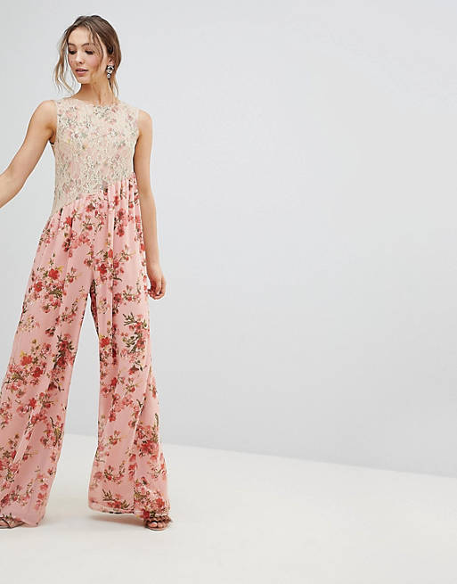 ASOS Jumpsuit in Soft Floral with Lace Bodice Detail