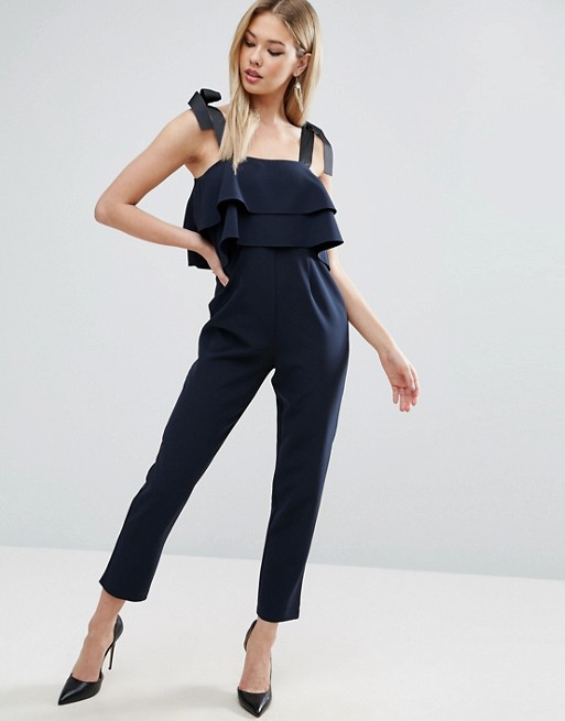 ASOS | ASOS Jumpsuit with Double Ruffle and Contrast Grosgrain Tie