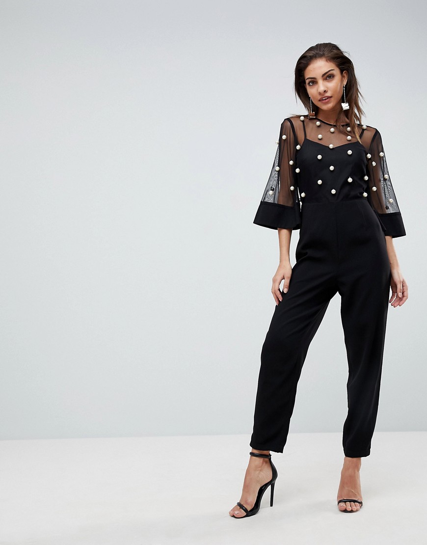 ASOS Jumpsuit with Kimono Sleeve and Pearl Embellishment-Black