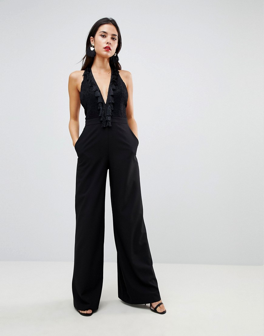 ASOS Jumpsuit with Lace Top Fringing-Black