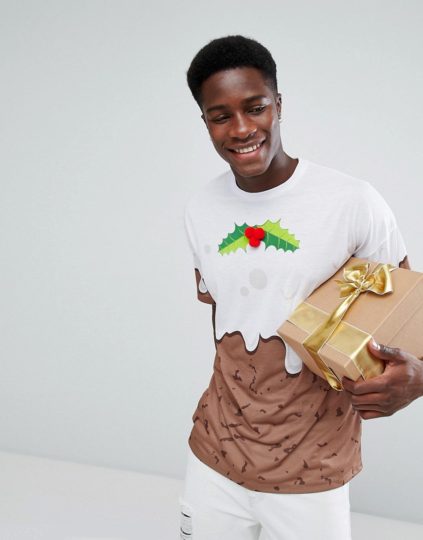 Asos Design - Asos - kerstmis - oversized t-shirt met puddingprint en 3d hulst-bruin