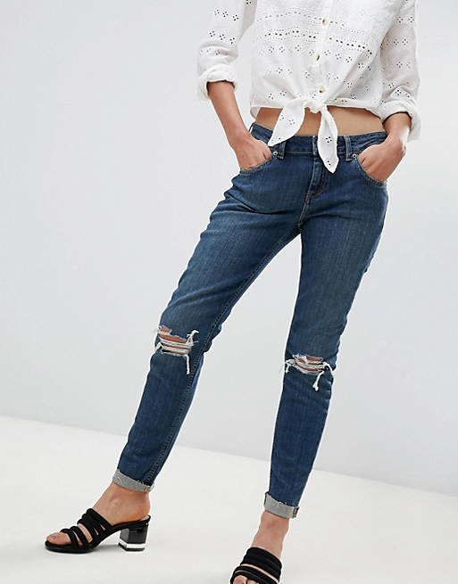ASOS KIMMI Shrunken Boyfriend Jeans in Misty Aged Vintage Wash with Busts and Rips
