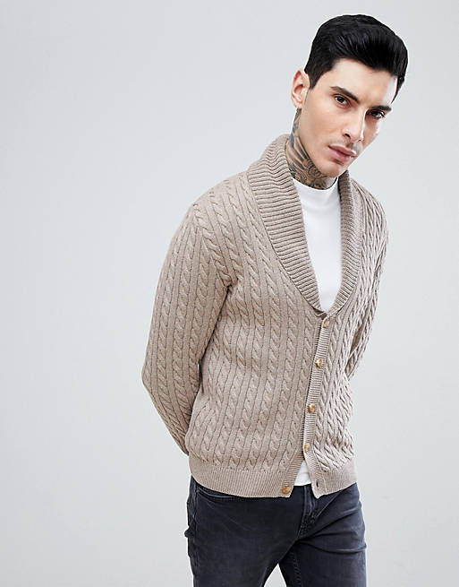 ASOS Knitted Cable Knit Cardigan In Tan | ASOS