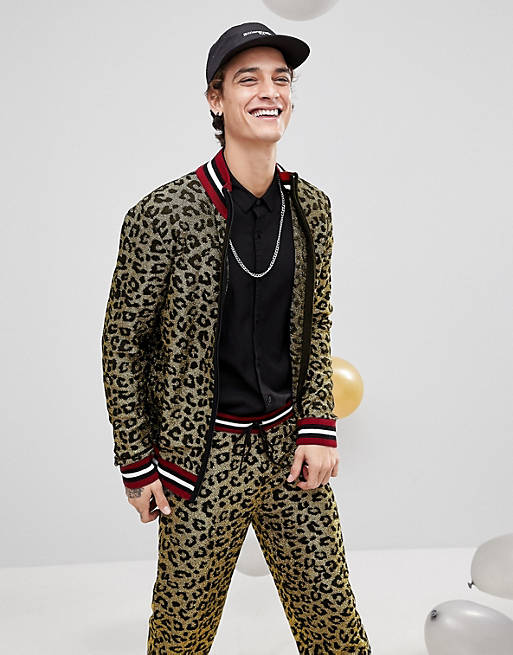 ASOS Knitted Co-ord Track Jacket In Metallic Yarn Leopard Design