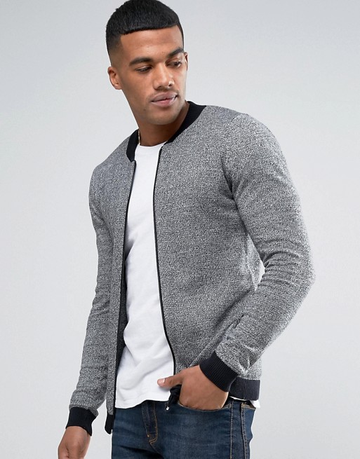 ASOS | ASOS Knitted Cotton Bomber with Contrast Trims in Grey Twist