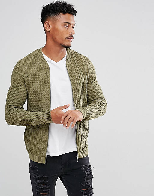 ASOS Knitted Muscle Fit Bomber Jacket In Khaki | ASOS