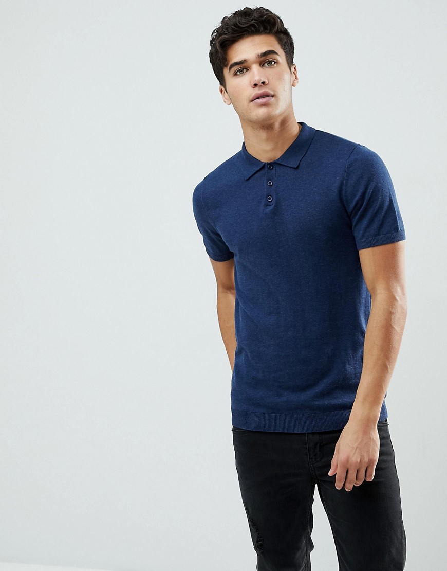ASOS Knitted Muscle Fit Polo In Navy