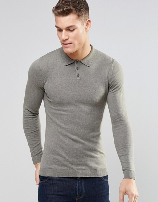 ASOS Knitted Muscle Fit Polo Shirt In Light Khaki | ASOS