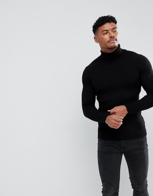 Asos design muscle fit ribbed 2025 roll neck jumper in black