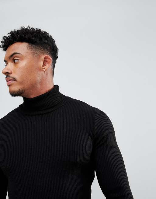 Asos design muscle fit ribbed roll neck jumper in black hotsell