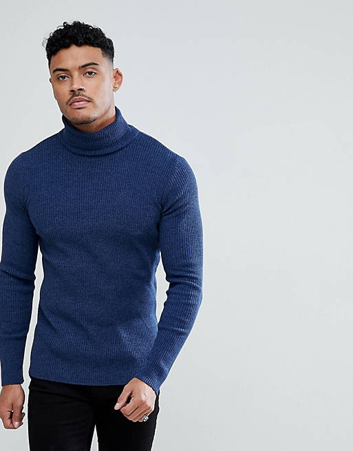 ASOS Knitted Muscle Fit Ribed Roll Neck Jumper In Denim Blue | ASOS