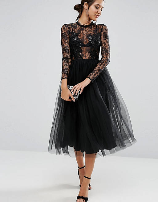 ASOS Lace and Embellished Bodice Dress with Mesh Midi Skirt