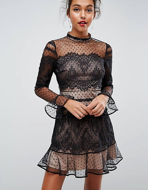 ASOS Lace Dobby Patchwork Long Sleeve Mini Dress