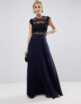 ASOS Lace Maxi Dress with Lace Frill Sleeve-Navy