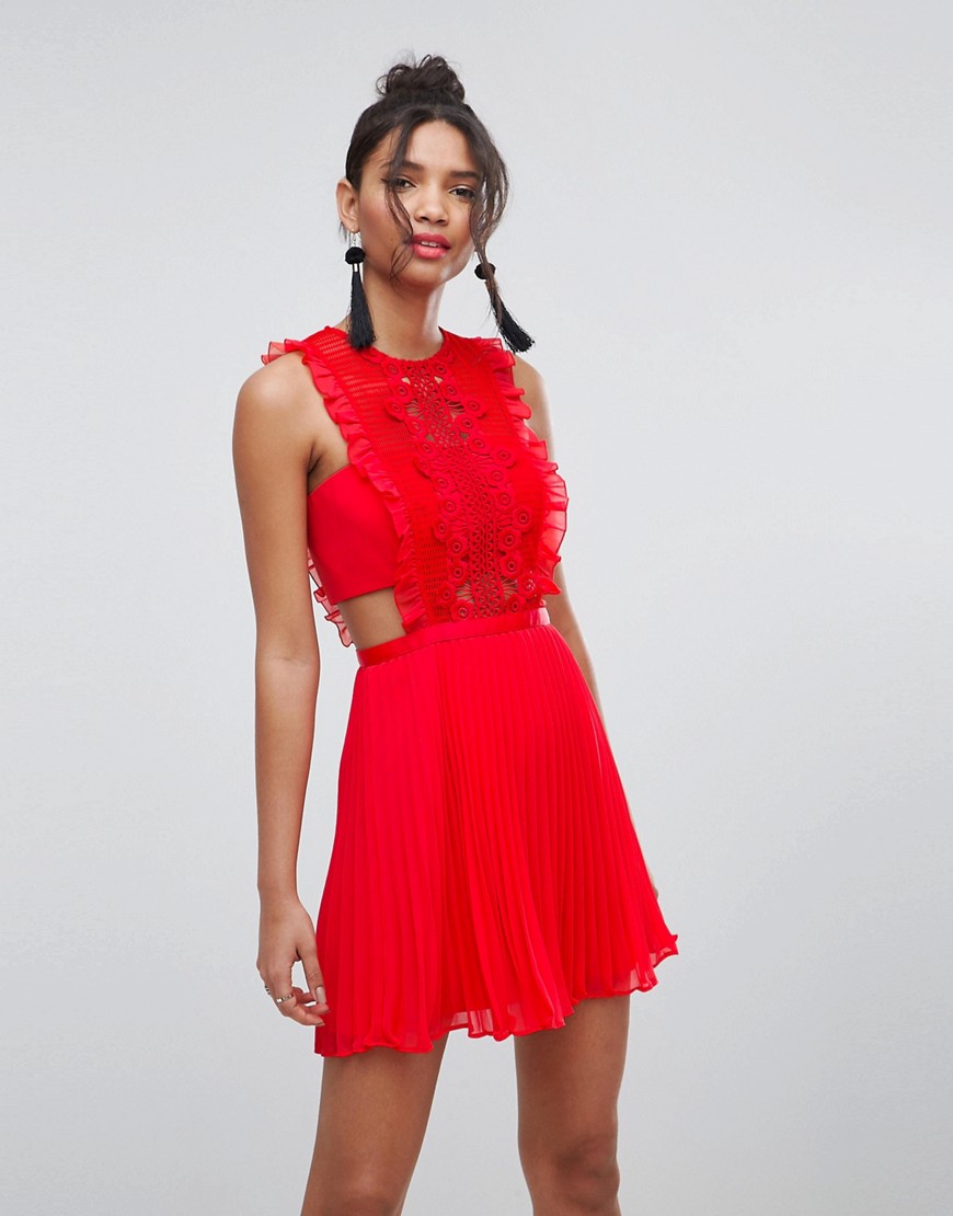 ASOS Lace Pinafore Pleated Mini Dress-Red