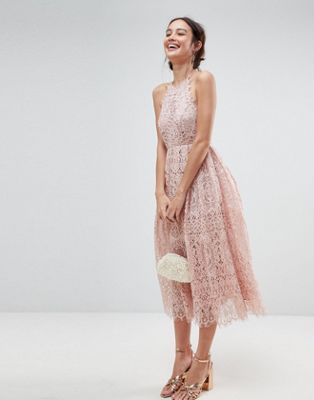 asos design square neck 3d floral lace midi prom dress