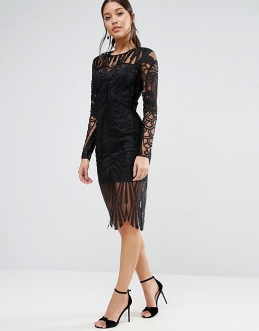 ASOS | ASOS Lace Placed Long Sleeve Midi Dress