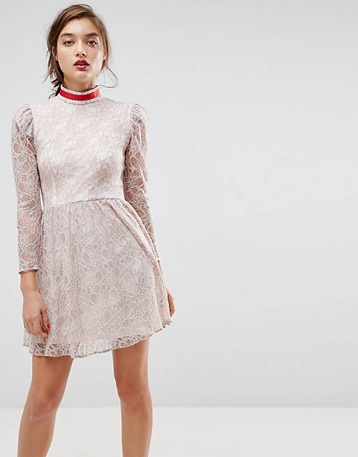 ASOS Lace Puff Sleeve Mini Dress with Ribbon Neck | ASOS