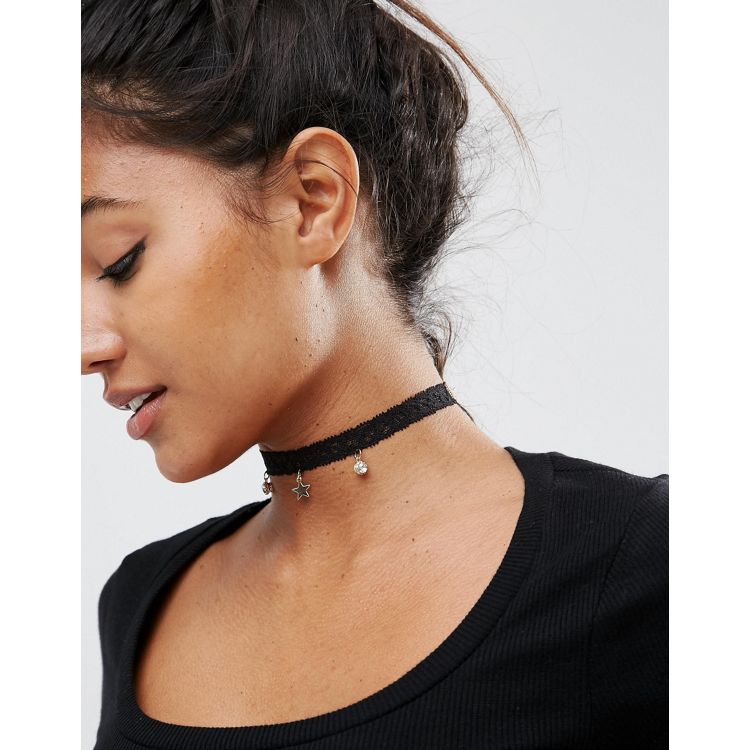 ASOS DESIGN choker necklace with lace and ribbon design in black