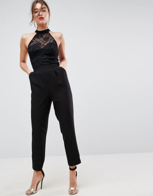 Halter-neck jumpsuit with lace top