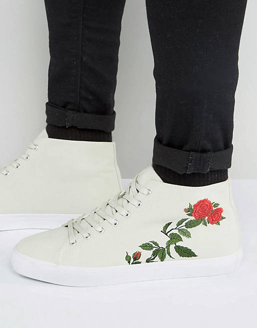 ASOS Lace Up Sneakers In Off White With Floral Embroidery