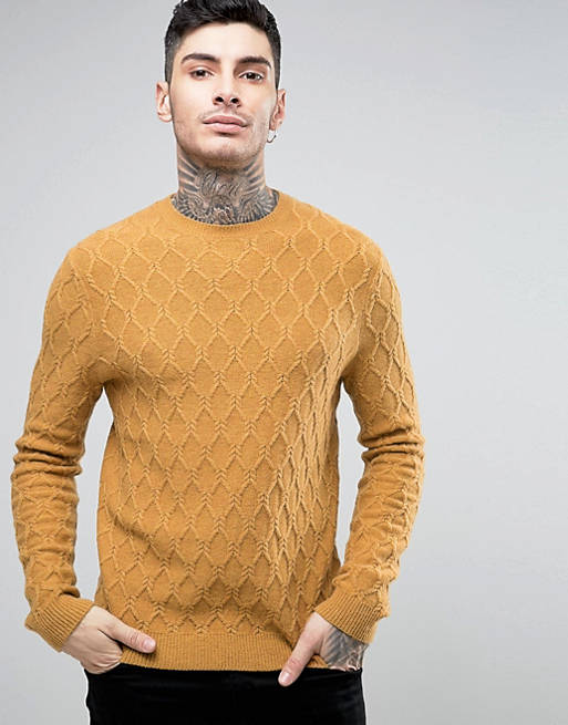 ASOS Lambswool Rich Cable Jumper in Mustard