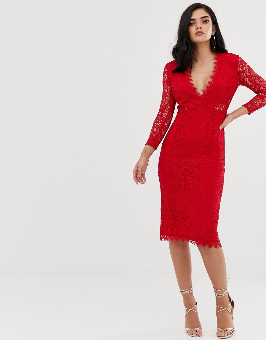 ASOS – Långärmad fodralklänning i midimodell i spets-Röd