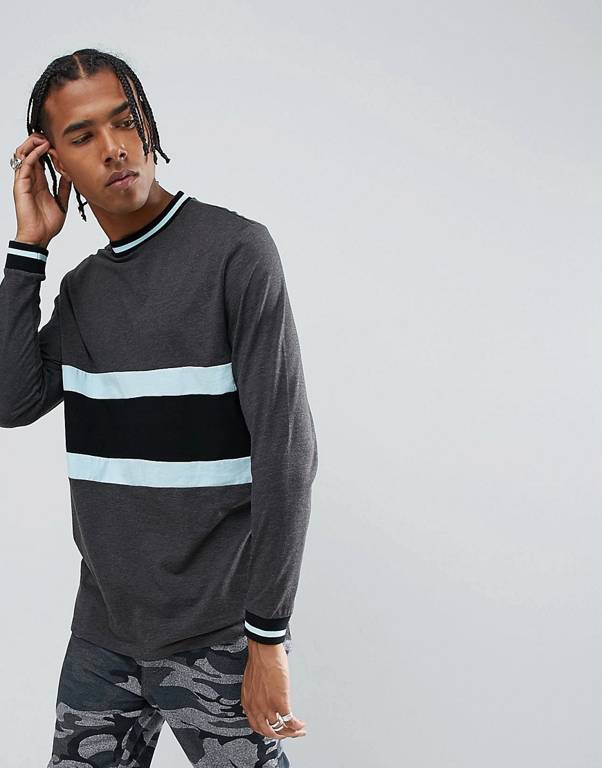 ASOS – Långärmad t-shirt i longline-modell med färgblock och kantband-Grå