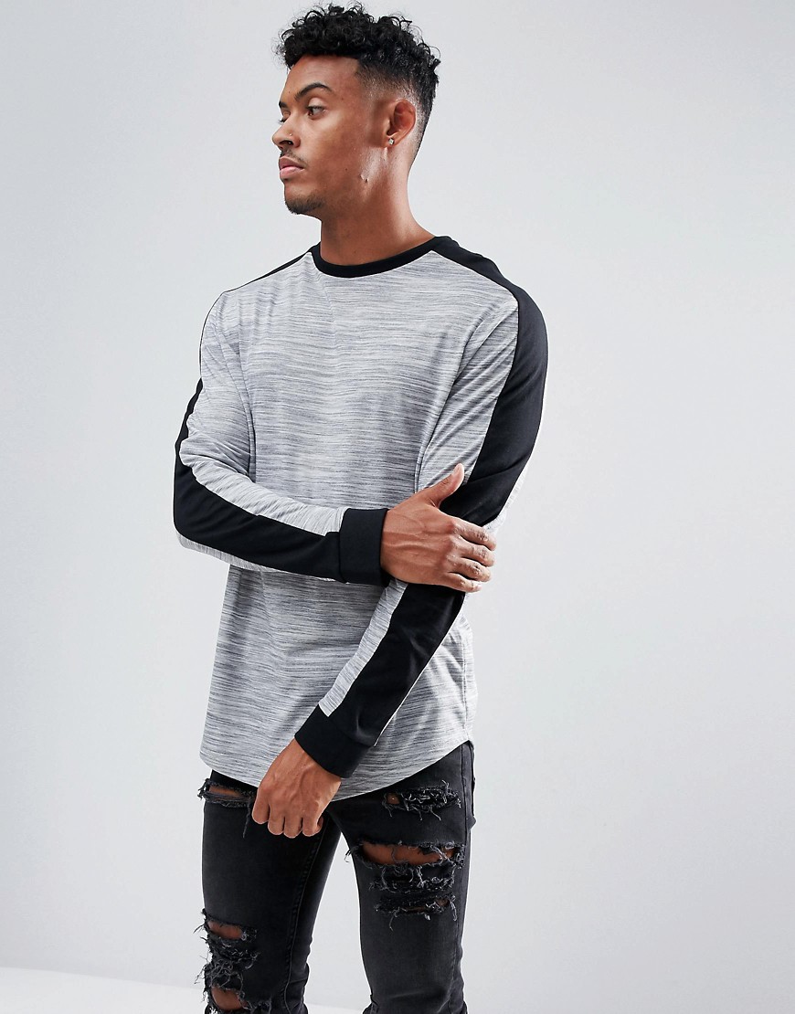 ASOS – Långärmad t-shirt i longline-modell med rundad nederkant och paneler på ärmarna-Grå