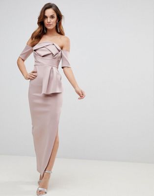 ASOS - Lange bardot-jurk met gevouwen strik aan de voorkant-Roze