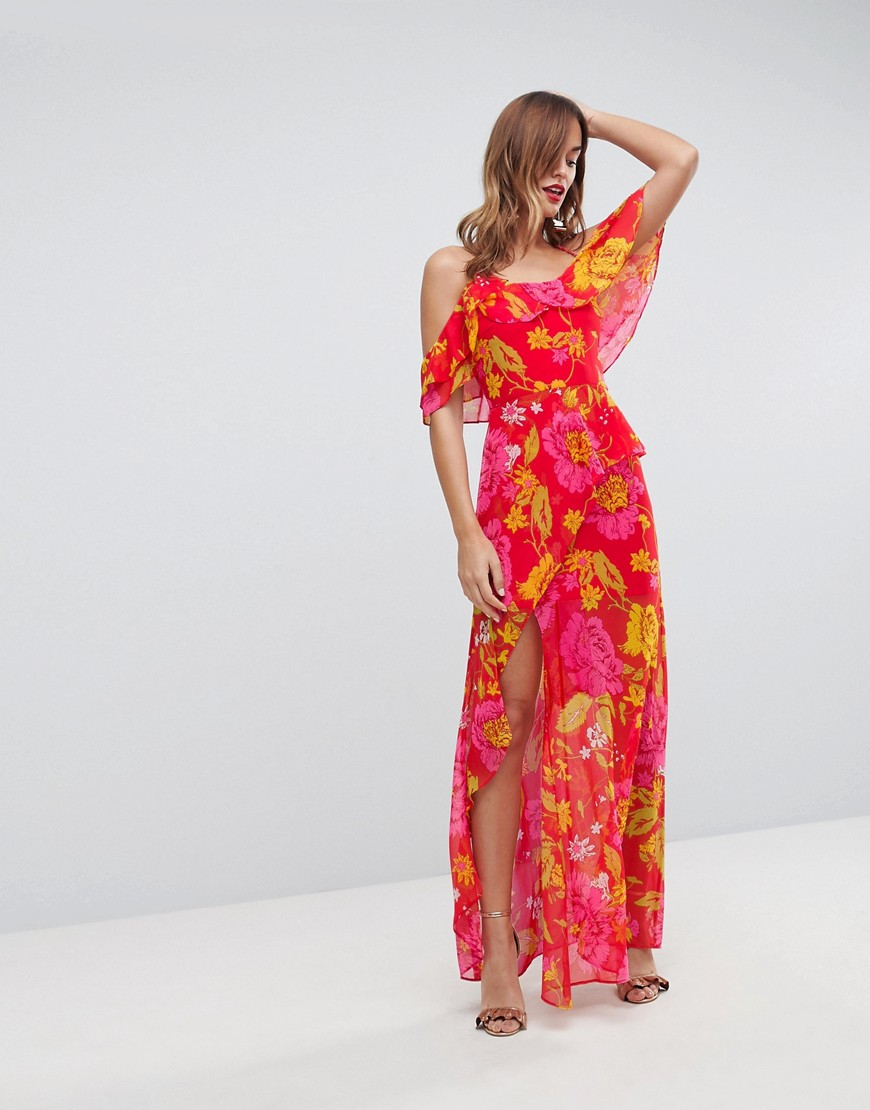 ASOS - Lange cami maxi-jurk met ruches in vrolijke bloemenprint-Multi