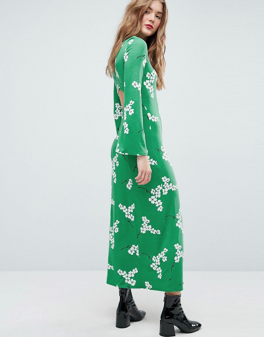 ASOS Lange jurk met open achterkant in groene bloemenprint-Multi