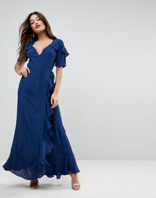 ASOS - Lange jurk met overslag en korte mouwen met ruches-Marineblauw