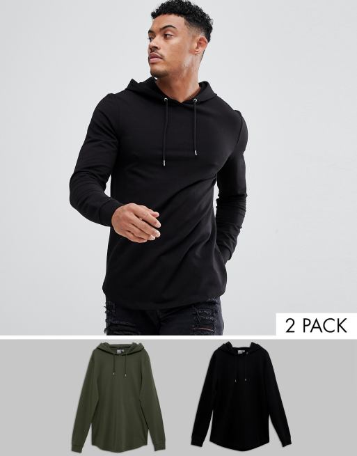 ASOS – Lange Muskel-Kapuzenpullover in Schwarz/Khaki mit abgerundetem Saum im 2er-Set, RABATT