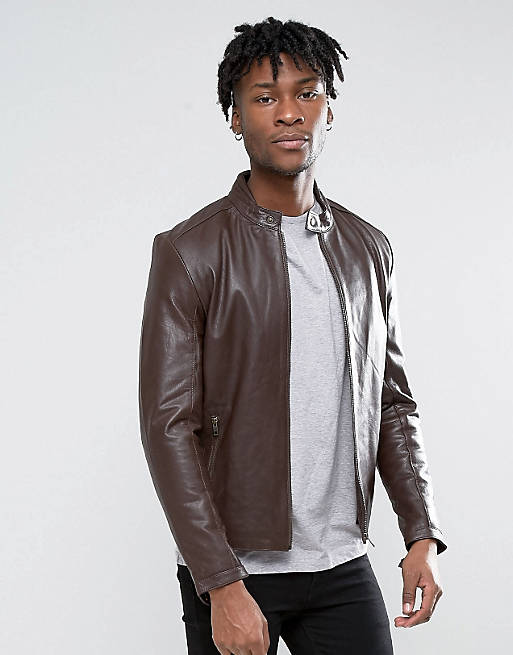 ASOS Leather Biker Jacket in Brown | ASOS