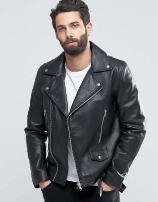 ASOS Leather Biker Jacket With Belt in Black