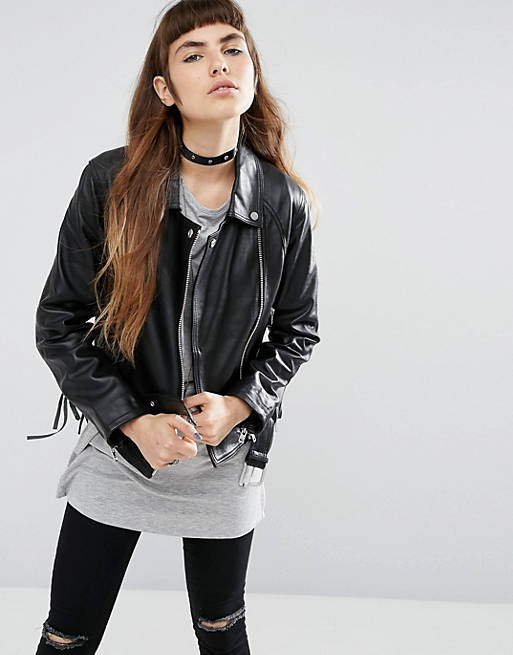 ASOS Leather Biker Jacket with Stitch and Lace up Detail
